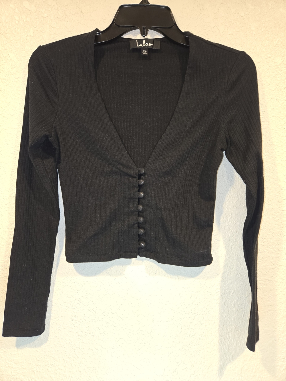 Lulu's Black Ribbed Long-Sleeve Cropped Button-Up Top Size Xs
